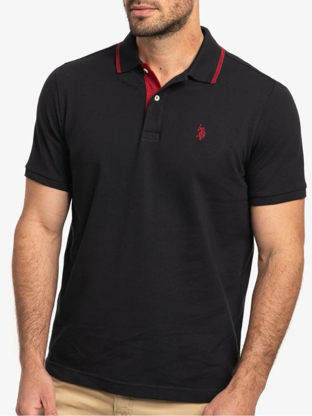 U.S. Polo Assn. Black Polo with Red Logo and Inner Collar Trim